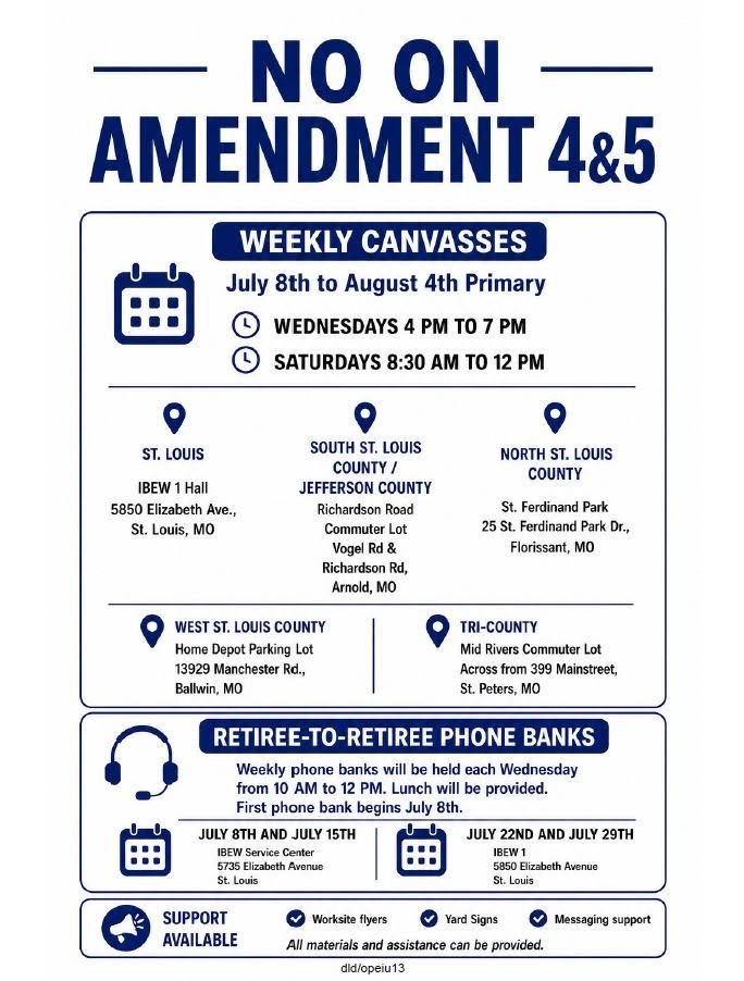 St. Louis metro canvass schedule and retiree phone bank flyer